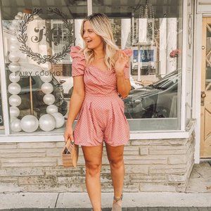 SHEIN Pink Polka Dot Puff Sleeve Romper